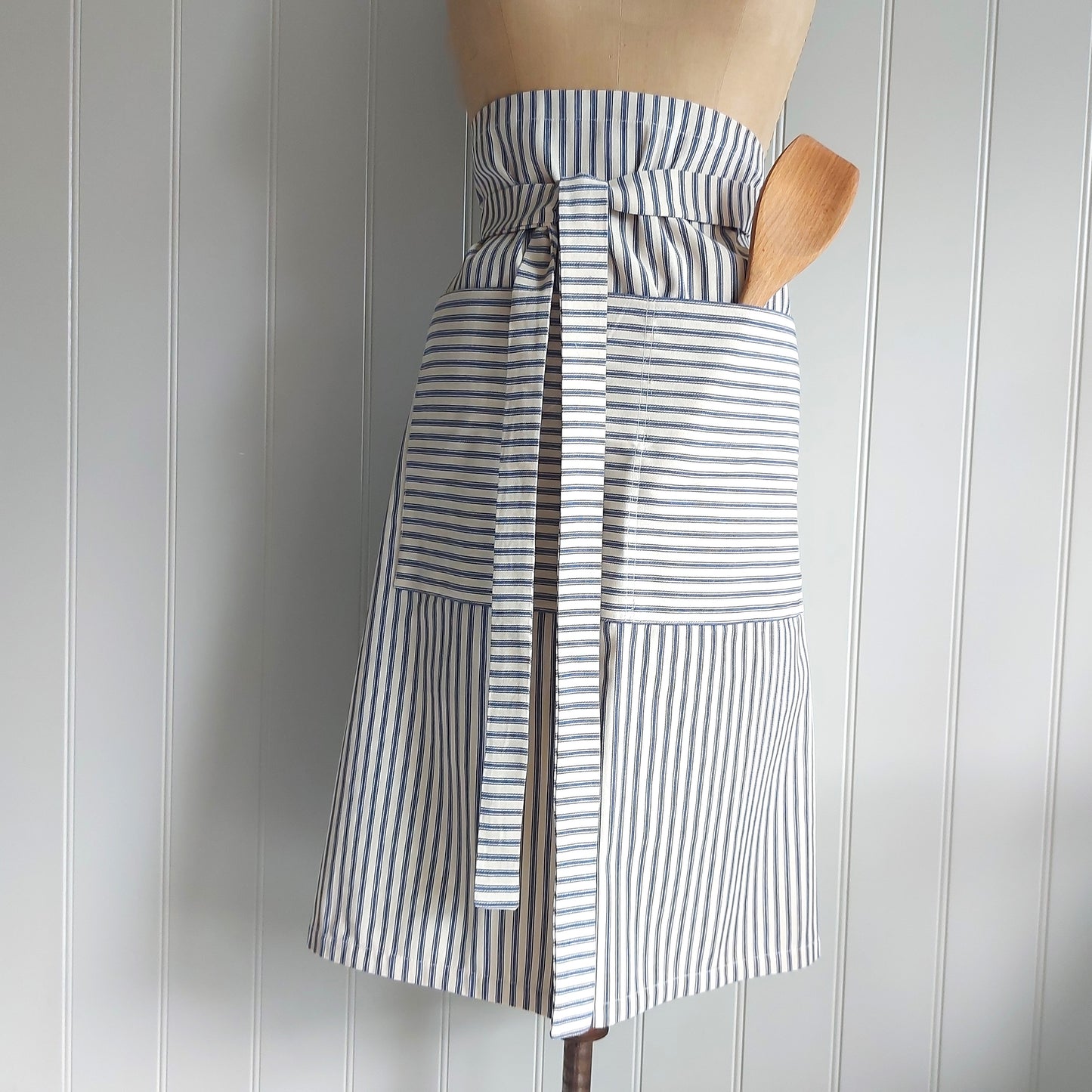 French Ticking Half Apron - Blue