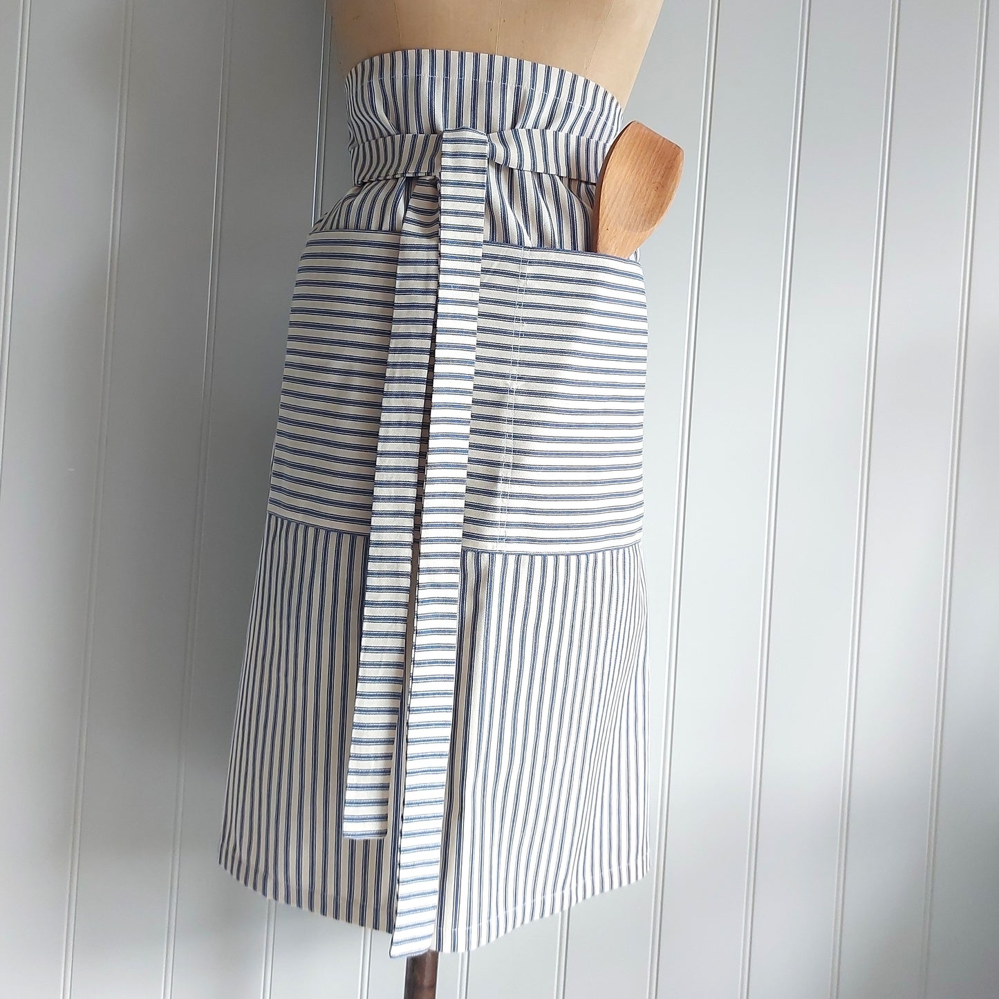 French Ticking Half Apron - Blue