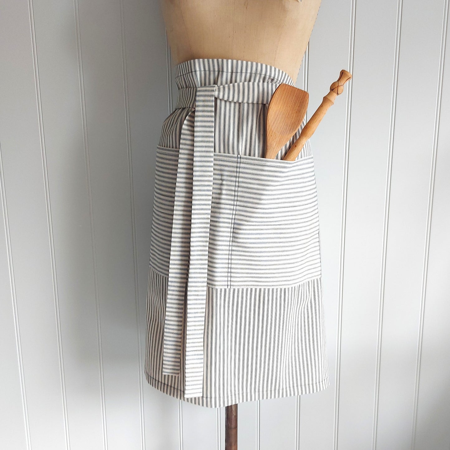 French Ticking Half Apron - Blue